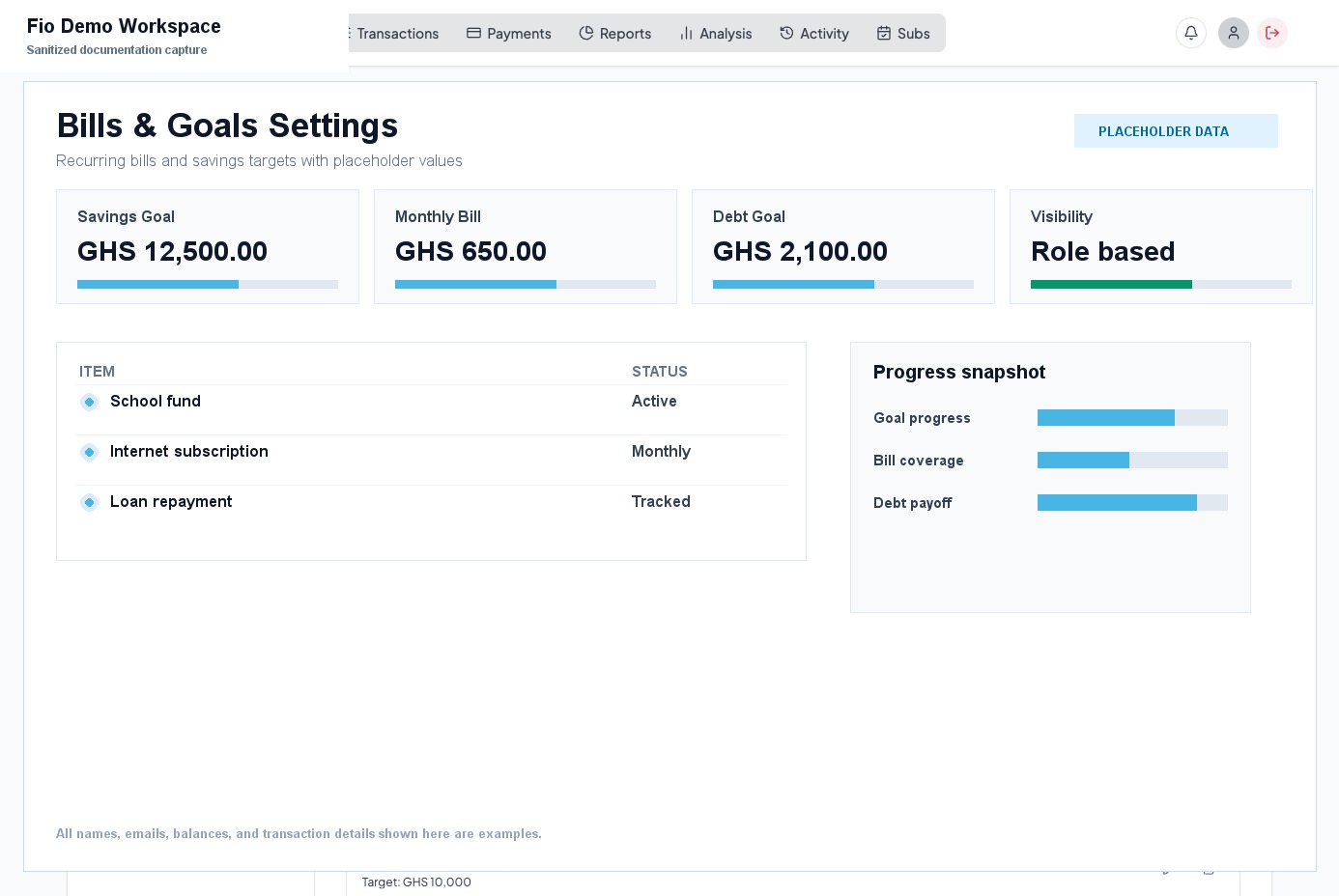 Bills and goals settings screen with sanitized example targets