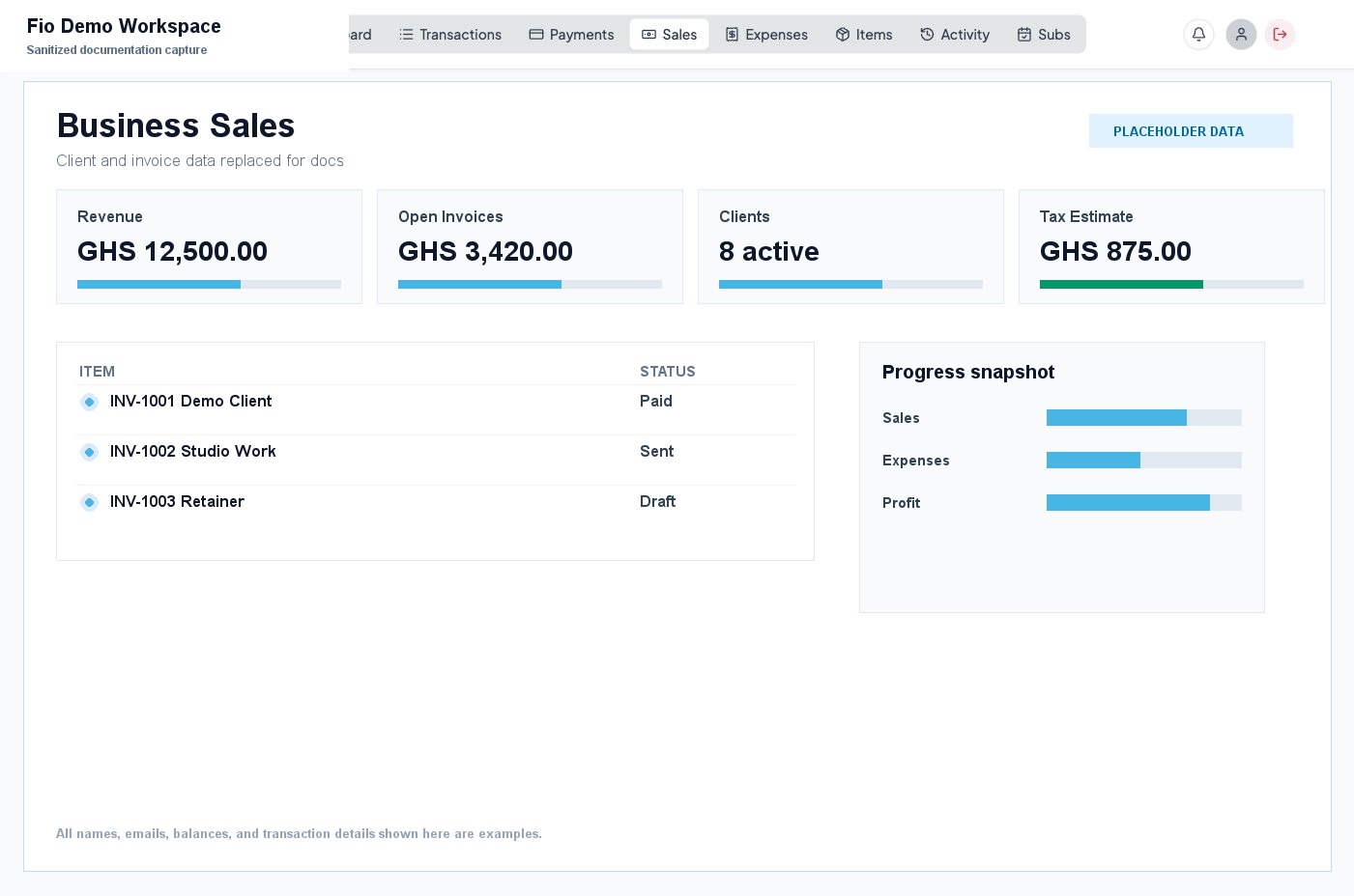 Business sales dashboard with sanitized invoice examples
