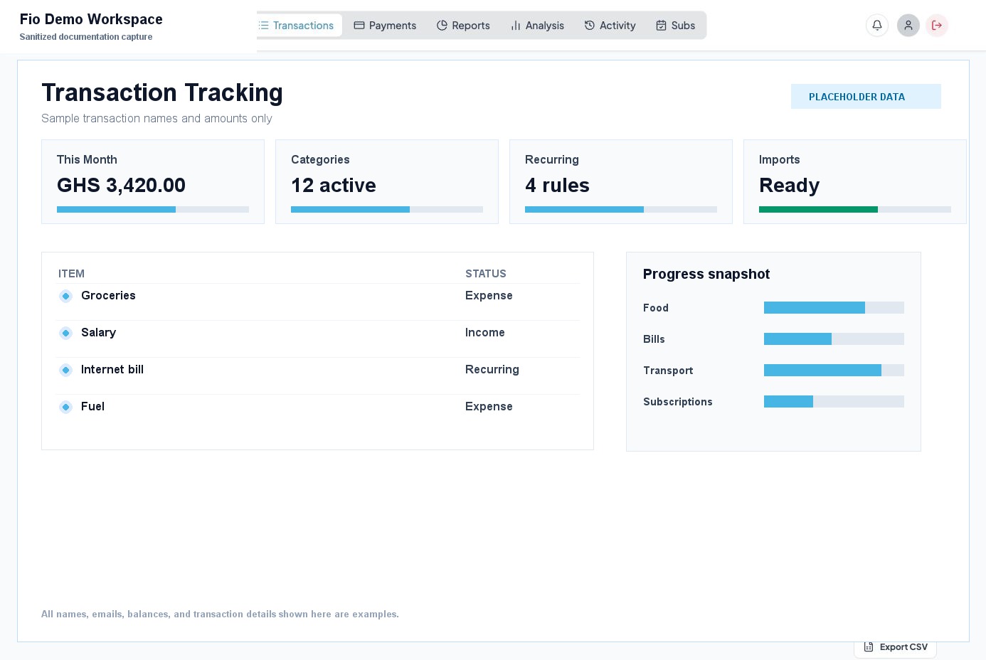Transaction tracking screen with sanitized example transactions
